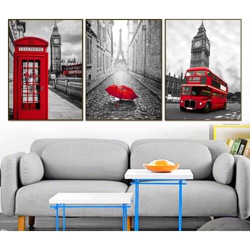 Canvas Painting London Pairs Poster Nordic Black White Wall Art Pictures Kitchen Art Home Decor Red Bus Umbrella Telephone Booth