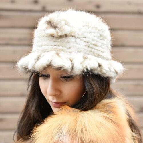 CX-C-13B Knit Genuine Mink Fur Fashion Hats for Winter With Flower