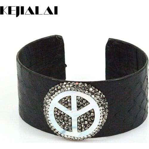 New Fashion Punk Bangle Python Leather Snake Skin Pearl Shell Tree Shape Charm Pave with Rhinestone Open Cuff Adjustable Bracele
