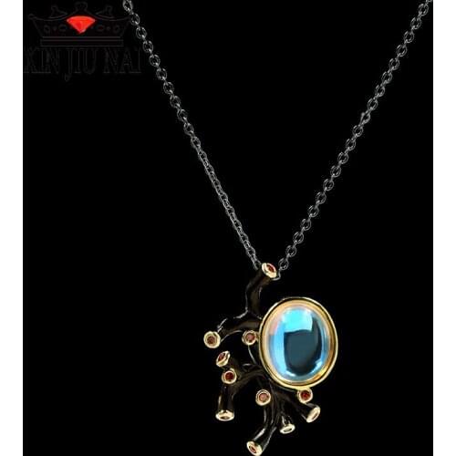 New retro bohemian style colored moon gem 14K black gold coral pendant hollow personality clavicle necklace party jewelry
