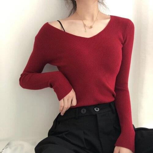 2021 Autumn Korean Long-sleeve Pullover Sweater Bottoming Pullover Slim Sweaters Sexy V-neck Tops Knitted Fashion Clothes 16678
