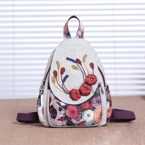 Women Casual Linen Canvas Backpacks Vintage Embroidery Femme Travel Mochila Shoulder Bag School Teenages Girls Chest Pack Bag