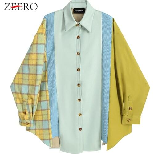 Spring Autumn Women Loose Irregular Patchwork Plaid Blouses Female Long Bat Sleeve Collar Blouse Shirts Tops Blusas Plus Size