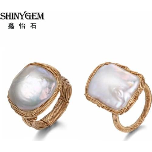ShinyGem Baroque Real 14K Spun Gold Filled Rings Natural Irregular Freshwater Pearl Big Ring Handmade Vintage Bride Wedding Ring