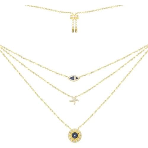 SOELLE New Fashion Real 925 Sterling Silver Gold Color Tropical Sea Star Fish Sun Triple Adjustable Necklace Women Brand Jewelry