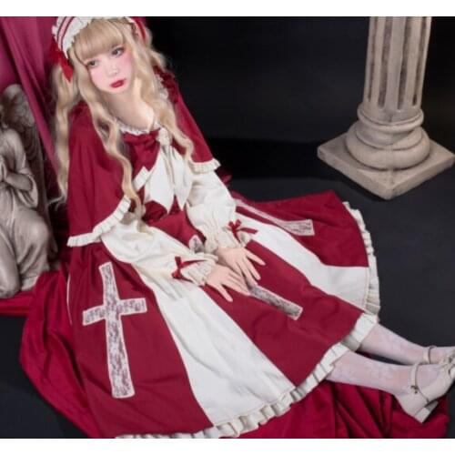 Vintage Lolita Two Piece Long Sleeve Dress Cross-Shaped Japan Print Dress Girls Kawaii Bow Party Red Princess Dresses