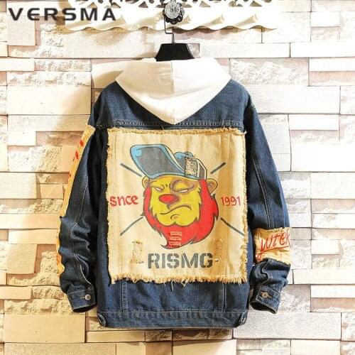 VERSMA Korean Oversized Vintage Jacket Windbreaker Denim Shirt Men Ripped Cropped Back Print Denim Jacket Coat Men Dropshipping