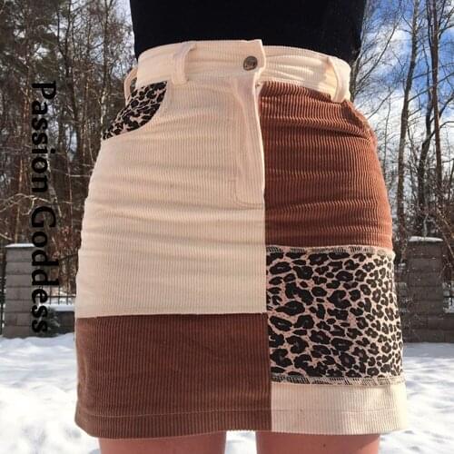 Women Leopard Patchwork Vintage Corduroy Skirts Harajuku High Waist Skirt College Y2K Aesthetic Mini Skirt Cute Kawaii Clothes