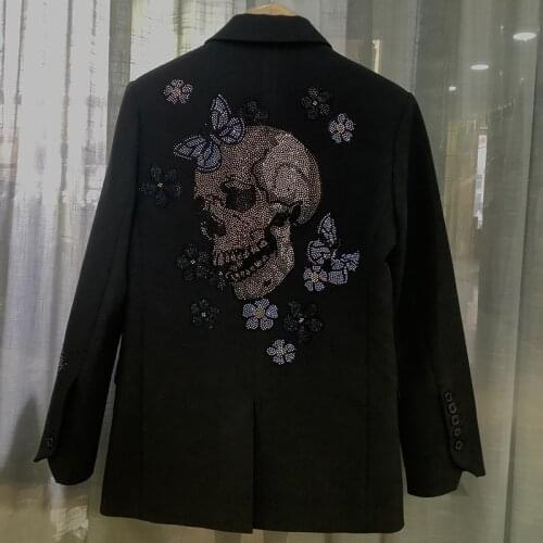 Women Black Suit Coats 2021 New Fashion Back Floral Hot Rhinestone Skull Autumn Single Breasted Office Ladies Blazers