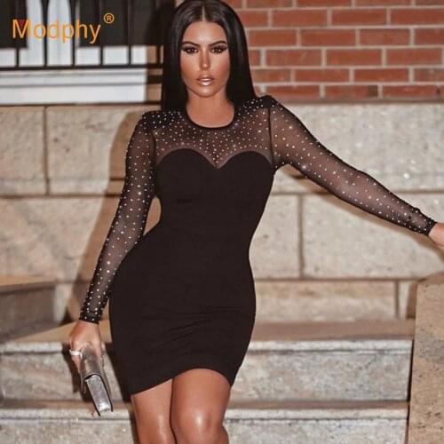 2020 Autumn Womens Sexy Long Sleeve O-Neck Patchwork Diamond Bodycon Mini Dress Celebrity Club Evening Party Dress Vestidos
