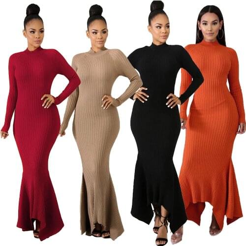 Turtleneck Long Sleeve Sweater Dress Women Autumn Winter Bodycon Irregular Hem Knitted Elegant Dresses Plus Size