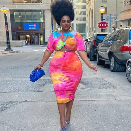 XL-4XL Plus Size Tie Dye Two Piece Dress Sets Summer Vacation Outfits Women Hollow Out Short Sleeve Crop Top+bodyon Midi Dress