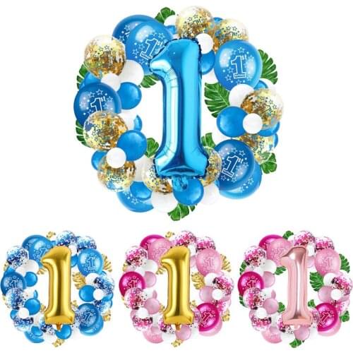 64pcs Happy First Years Old Balloons Set DIY Garland Latex Foil Confetti Ballons Chain Baby Shower Girl Birthday Party Decor