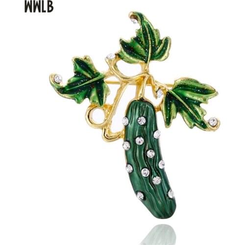 WWLB Brand Cucumber Brooches For Women Enamel Pin Esmalte Crystal Golden Powder Paved Shiny Broach Cute Mujer Bijouterie Hat Pin