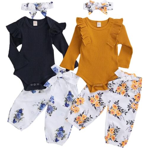 Citgeett Autumn Baby Girls Clothes Set Toddler Long Sleeve Solid Tops Ruffle + Floral Print Long Pants + Headband Spring Set