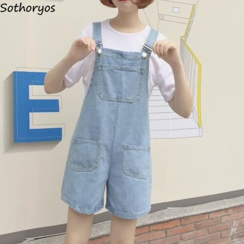 Rompers Women Denim Pockets Leisure Sweet Simple Daily Outwear Loose Womens Overalls Harajuku Streetwear Korean Style Ulzzang