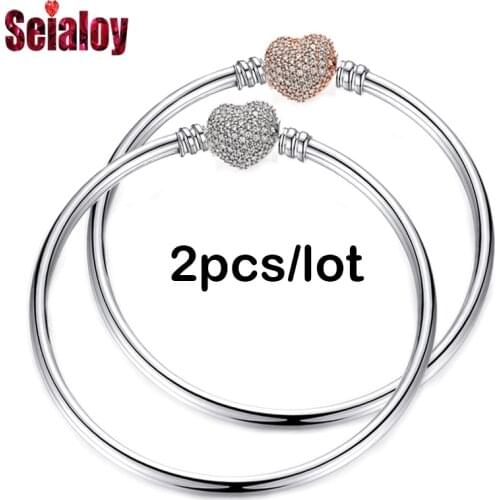 Seialoy 2pcs High Quality Round Bangle Bracelets Fit Brand Beaded Heart Bracelets DIY Women Men Kid Children Jewelry Accessories
