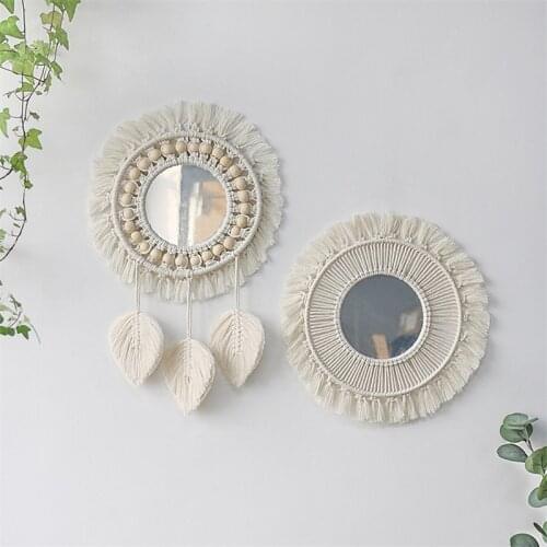 Minimalist Round Mirror Macrame Mirror Wall Boho Home Decor for Apartment Living Room Bedroom Baby Nursery Dorm Make Up Mirrors
