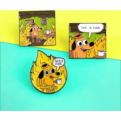 Cartoon Question Hound Dog Brooches Enamel pins THIS IS FINE ! Humor Meme Gunshow Webcomic Denim bags Lapel pin Comic jewelry