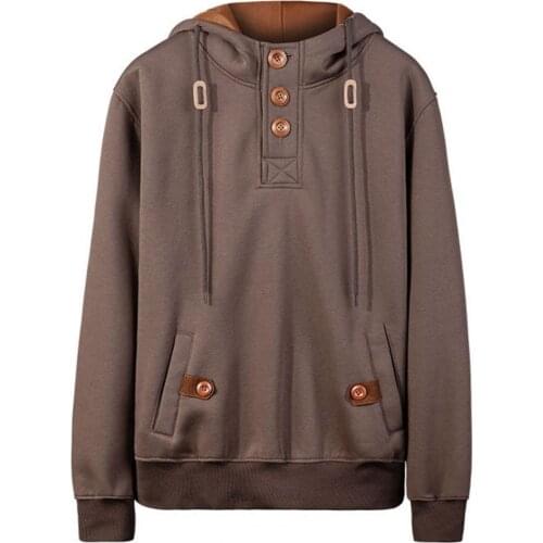 Men Autumn Winter Loose Warm Long Sleeve Hooded Button Sport Sweatshirt Pullover