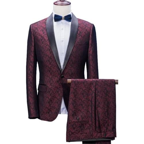 Mens Red Tuxedo Jacquard for Dinner Party Suit Floral red 2 Piece Men Suits Shawl Collar Casual Wear Suits Business S-5XL