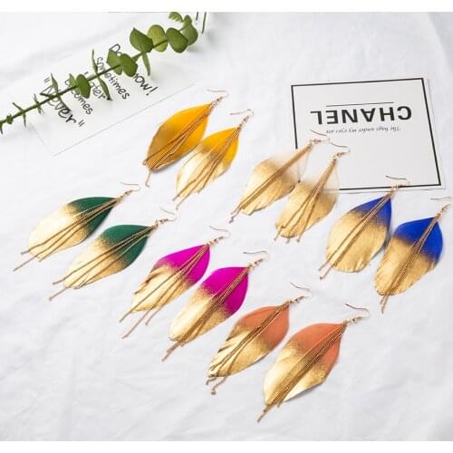 2019 New Two-Color Fluorescent Feather Earring 6 Colors Ethnic Fashion Long Metal Tassel Dangle Earings for Women Charm jewelry