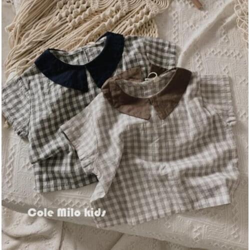 2021 new girls boys plaid shirt cotton linen summer short sleeve kids top