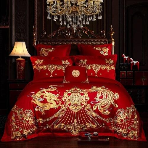 Luxury Flowers Golden Phoenix Embroidery Chinese Palace Wedding Red Cotton Bedding Set Duvet Cover Bed Sheet Linen Pillowcases