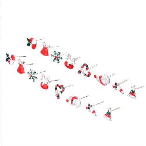 1 Set ( 8 Pairs/Set) Ear Post Stud Earrings Set For Women Jewelry Mixed Color Christmas Santa Claus Bell 12mm x 12mm - 6mm x 6mm