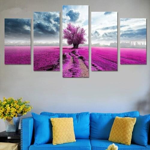 Modern Canvas Paintings HD Prints Posters 5 Pieces Wall Art Purple Flowers Tree Clouds Landscape Pictures Home Decor Framework
