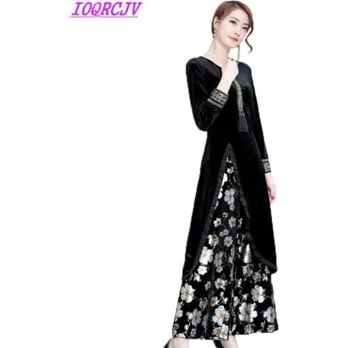 Spring Women Gold velvet Casual Two pieces Sets Split ends Long T-shirt + Print Wide leg Pants Sets Stretch Waist IOQRCJV Q114