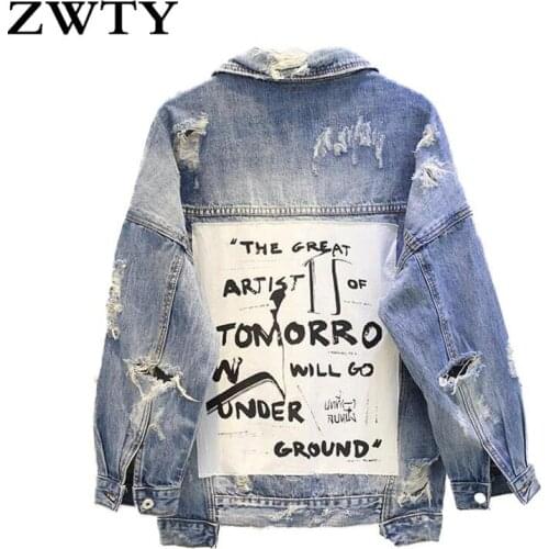 ZWTY Vintage Letter Print Frayed Jean Jacket Women Long Sleeve Ripped Hole Denim Coat Female Spring Causal Bomber Jackets