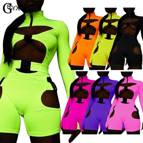 GBYXTY Sexy Cut Out Hollow Out Neon Color Night Club Skinny Playsuit Women Long Sleeve Buckles Biker Shorts Playsuit ZL1331