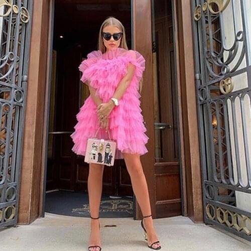 High Street Fuchsia Ruffles Tiered Tulle Short Dresses For Women Off The Shoulder Mini Dress Summer Vestido De Mulher