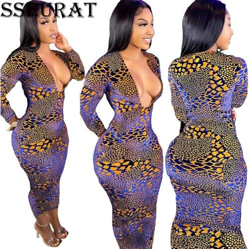SSEURAT Women Midi Dress Print Full Sleeve V-neck Skinny Bodycon Pencil Dresses Fashion Vestidos Autumn