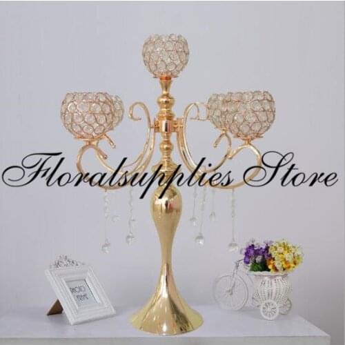 65cm Tall 5-arms Metal Gold Crystal Candle Holder Wedding Candelabra Table Centerpiece Event Road Lead Candle Stand