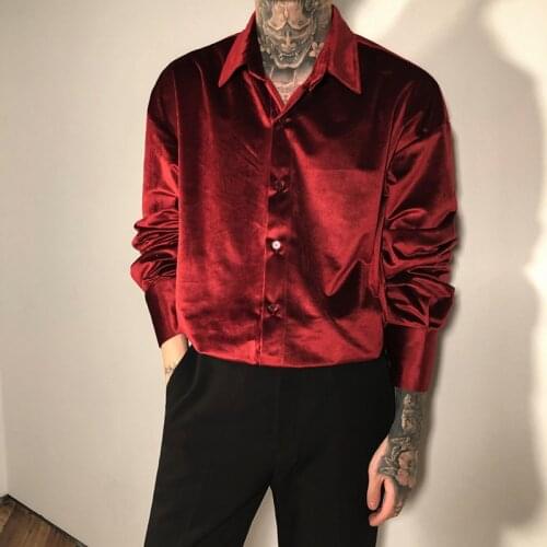 Velvet Red Luxury Clothes For Mens Burgundy Velour Shirts Mens Retro Elegant Plush Blouse Black Mens Shirts Unusual Party Club
