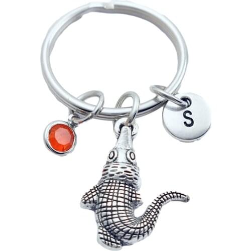 Animal Crocodile Keychains Creative Initial Letter Monogram Birthstone Keyrings Fashion Jewelry Women Gifts Pendants