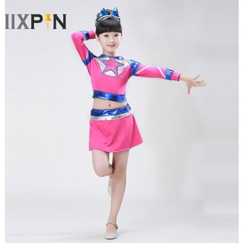 2Pcs Kids Girls Cheerleaders Dance Performance Costumes Kids Tops+Skirt Clothes Set Fancy Outfits with Built-in Shorts Lining
