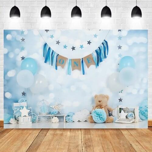Blue Prince Backdrop For Photography 1st Birthday Party Light Bokeh Spots Bear Gift Decor Photo Background Photo Studio Shoot