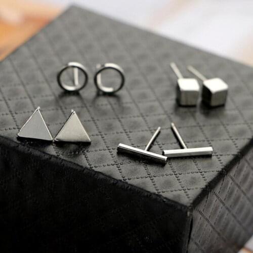 Jisensp 4 pairsset Tiny Round Triangle Bar Stud Earring for Women Geometric Square Earrings Sets K-pop Jewelry Wholesale