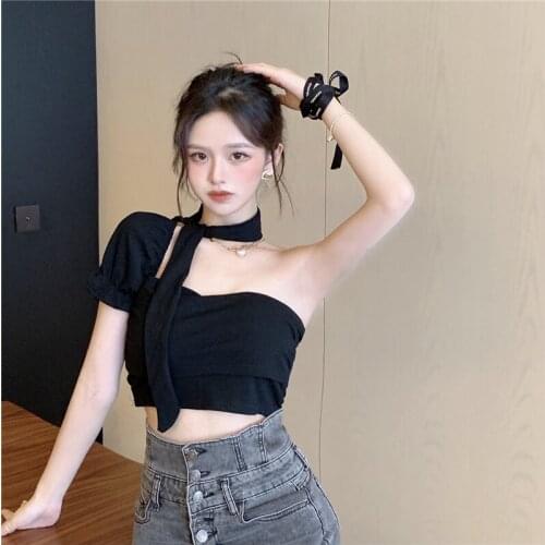 One Shoulder Puff Sleeve Halter Neck Tie Short T-shirt