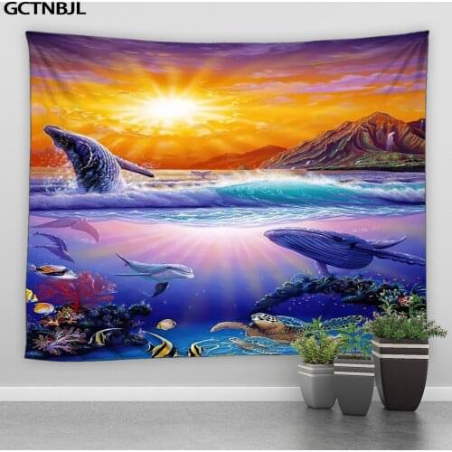 Beautiful Rainbow Sea Turtle Dolphin Tapestry Ocean Landscape Wall Hanging Tapestries Boho Yoga Carpet Picnic Mat Beach Blanket