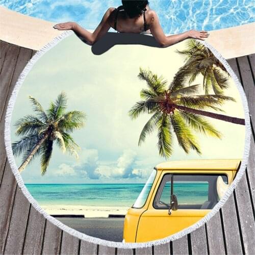 Summer Round Beach Towel Town Bus Pattern Soft Microfiber Shawl Bath Towel Outdoor Sport Towel Beach Mat Cover for Adult Kids