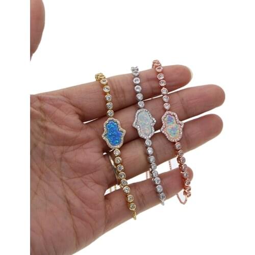 3 Colors Russia Fashion Woman Top Quality Luxury 2021 Blue Fire Opal Fatimas Hamsa Hand 2.5mm Tiny Cz Tennis Chain Fine Bracelet