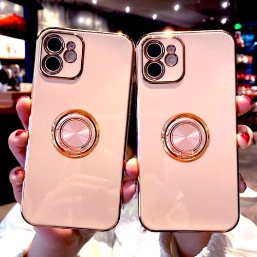 Plating Soft Silicone Shell Case For iPhone 13 12 11 Pro Max XS XR X 7 8 Plus For iPhone11 11Pro Phone Ring Holder Stand Covers