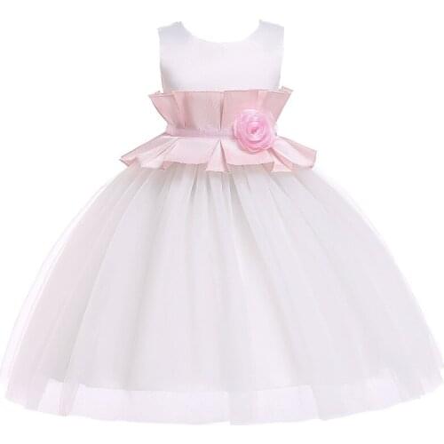 2019 New Girls Waist Flower Princess Dress Children Summer Sleeveless Overall Dress Wedding Party White Gown Boutique Vestido