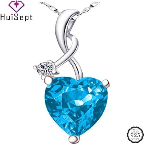HuiSept Women Necklace 925 Silver Jewelry Heart Shape Sapphire Zircon Gemstone Pendant for Wedding Engagement Party Accessories