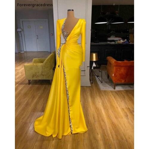 Yellow Long Sleeve Beaded Prom Dresses Mermaid V Neck Pageant Graduation Event Wear Party Gowns Custom Made Plus Size Available
