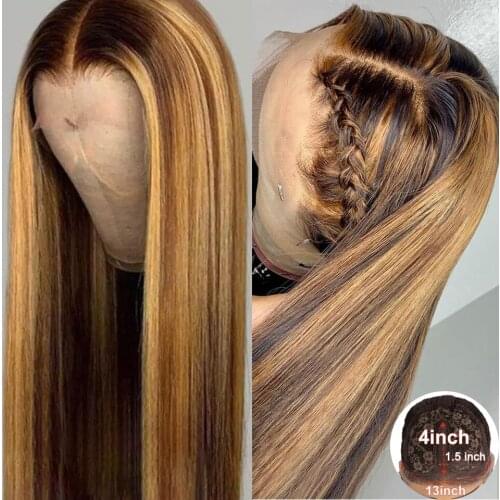 BLG Straight Human Hair Lace Wigs Highlighted Lace Part Wig Brazilian Remy Hair T Part Ombre Colored Wigs For Black Women